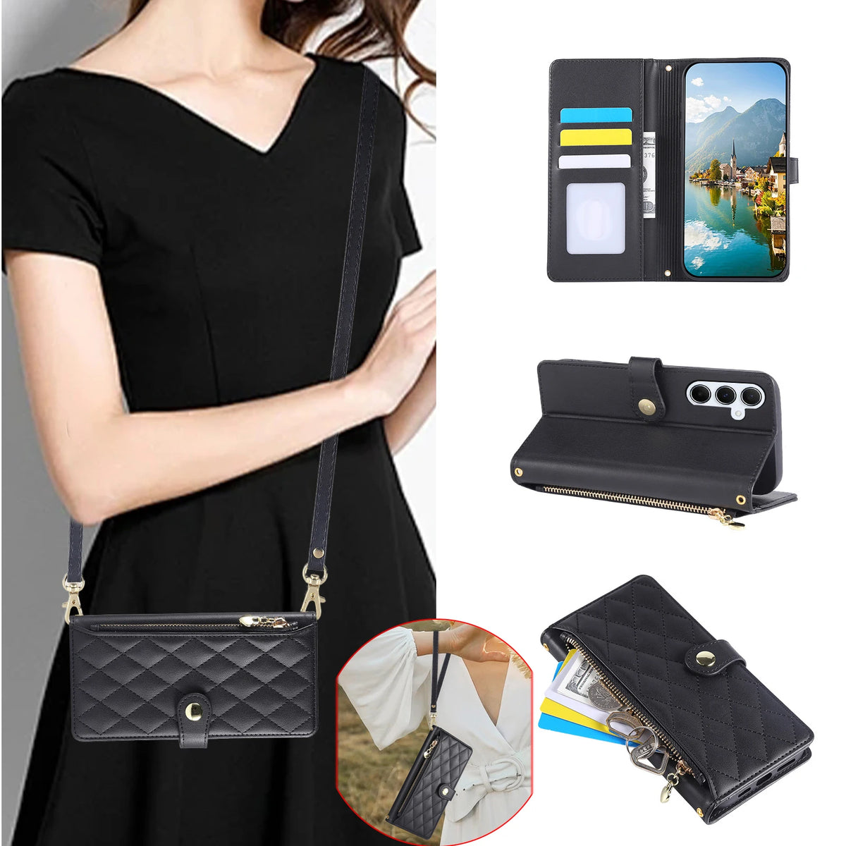 Quilted Zipper Crossbody Leather Wallet Case for Samsung Galaxy S & A - image 2