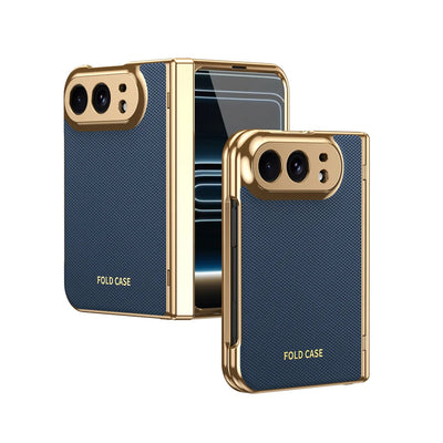 Blue gold-plated leather hinge case with tempered glass for iPhone Duo, front and back views