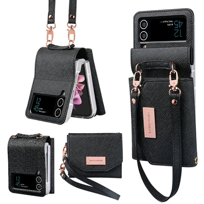 PureGuardCases Leather Wallet Case with Hand Strap for Samsung Galaxy Z Flip