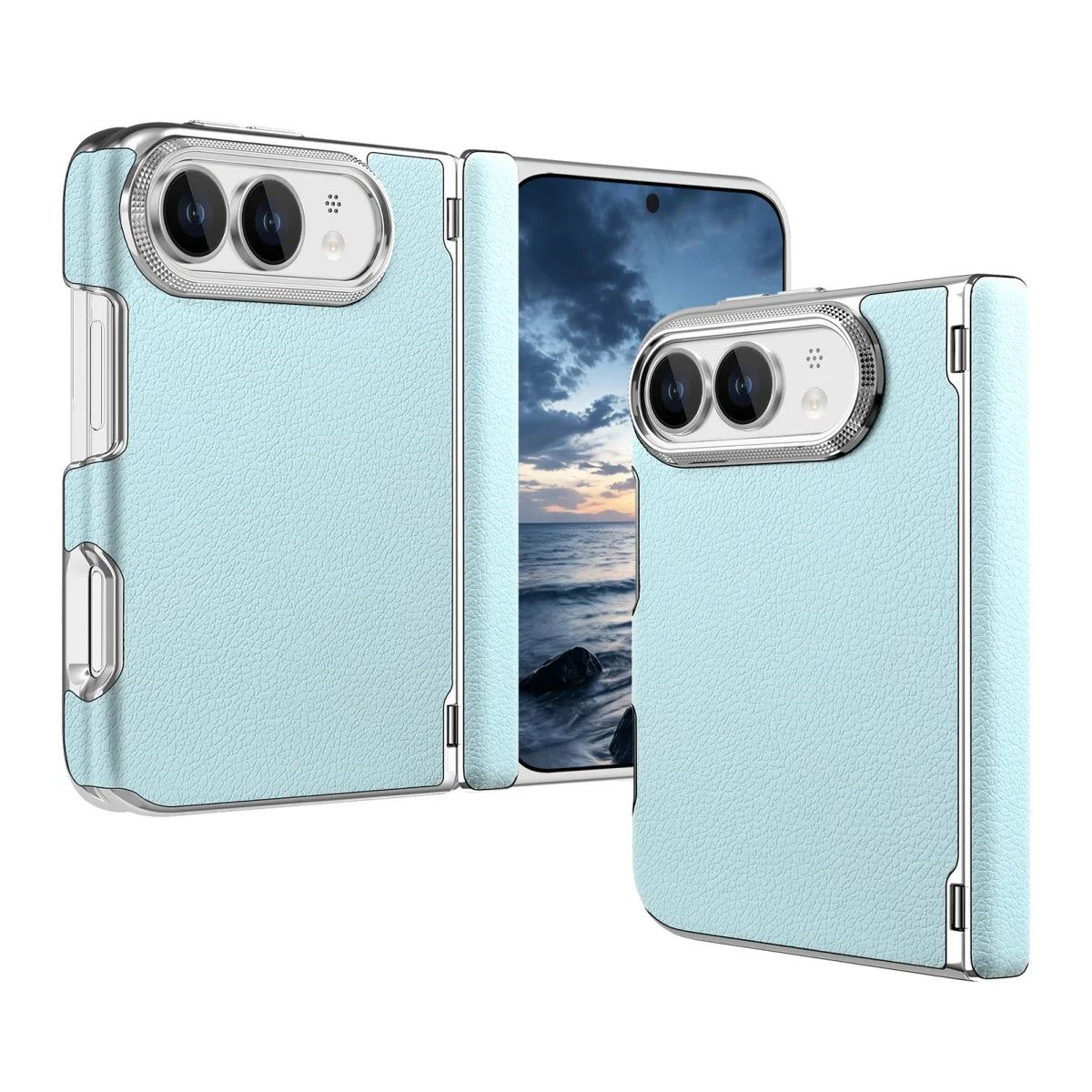 Sky blue lychee grain leather hinge case for iPhone Duo, front and back views