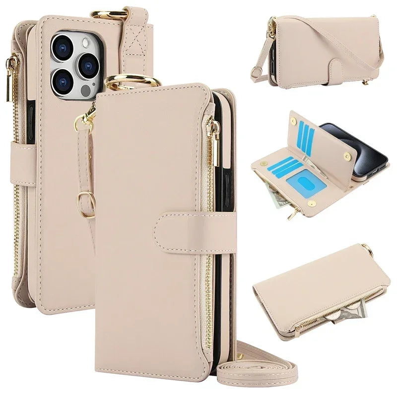 Beige crossbody zipper leather wallet case for iPhone 18 Pro Max, open and closed views