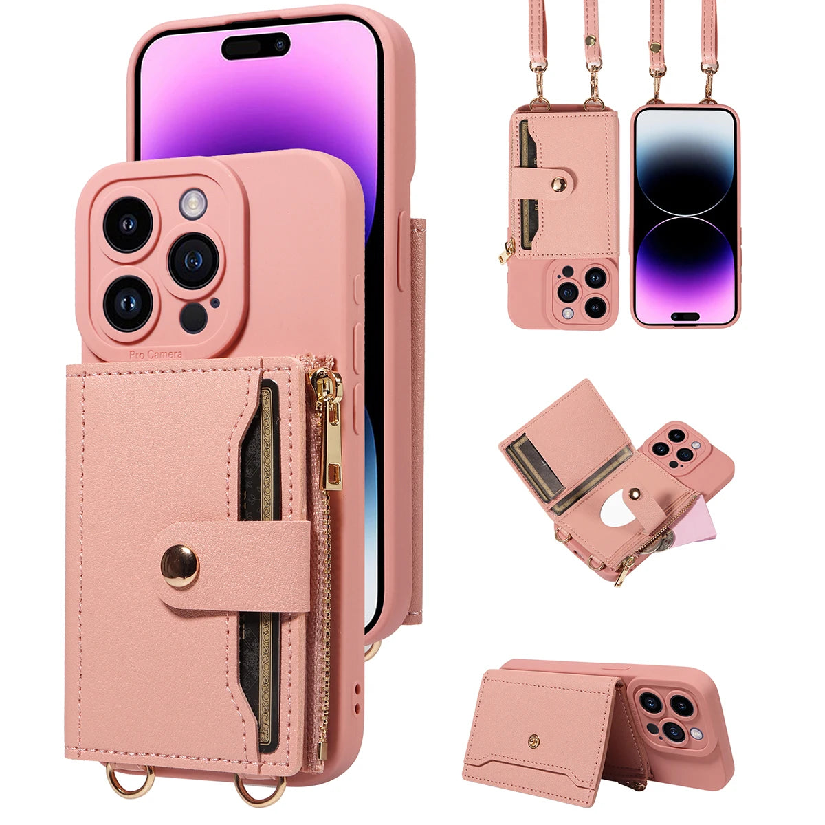 PureGuardCases Faux Leather Crossbody Wallet iPhone Case – Mirror Card Holder Cover