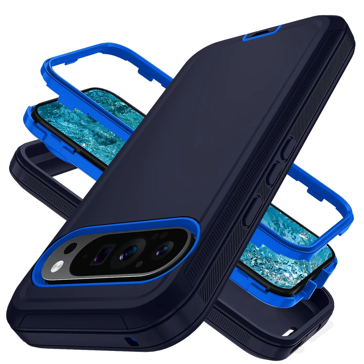 Dark blue 3-in-1 heavy-duty full-body shockproof bumper armor case for Google Pixel 11, 10, 9 and 8 series