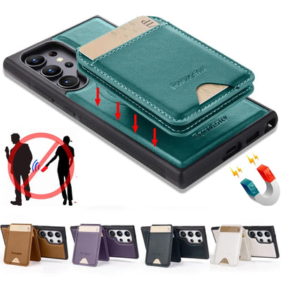 Brown 2-in-1 detachable MagSafe magnetic card holder leather case for Samsung Galaxy S26 Ultra, S26 Plus and S26 showing card slot and kickstand