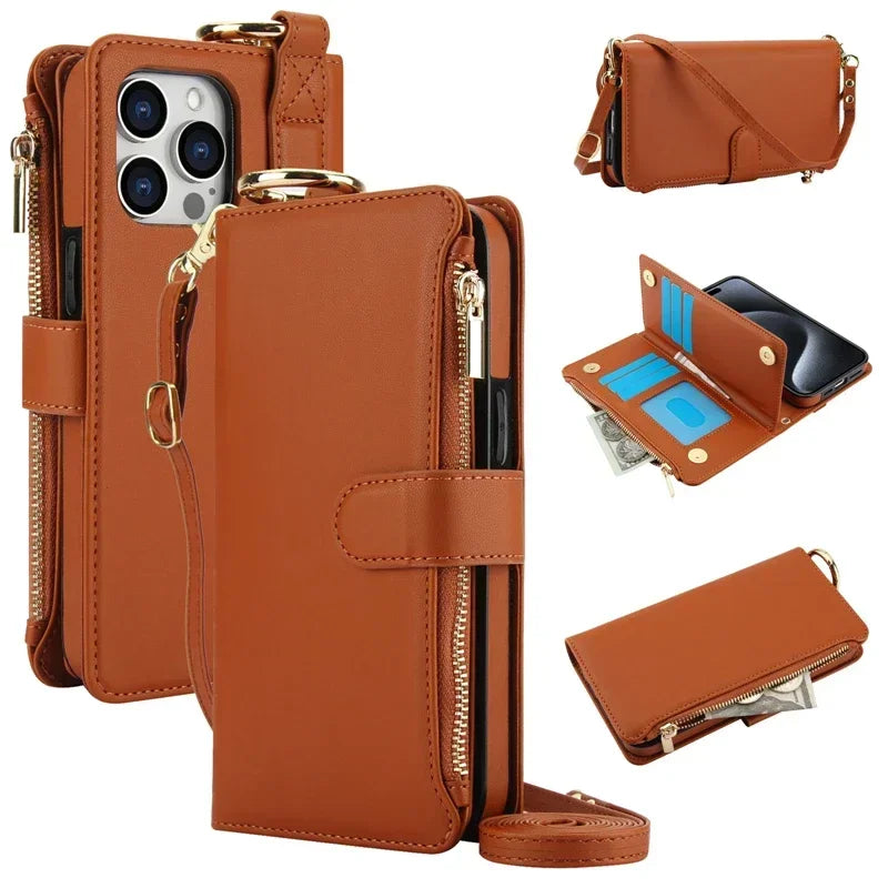 Brown crossbody zipper leather wallet case for iPhone 18 Pro Max, open and closed views