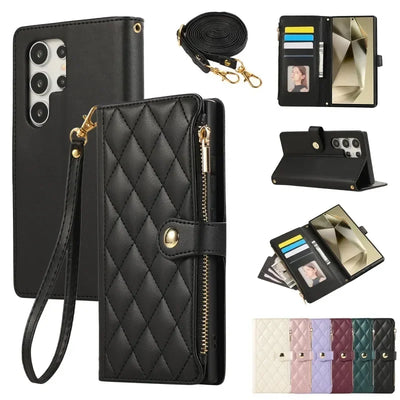 Black quilted zipper crossbody leather wallet case for Samsung Galaxy S26, open and closed views