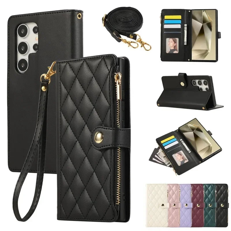 Black quilted zipper crossbody leather wallet case for Samsung Galaxy S26, open and closed views