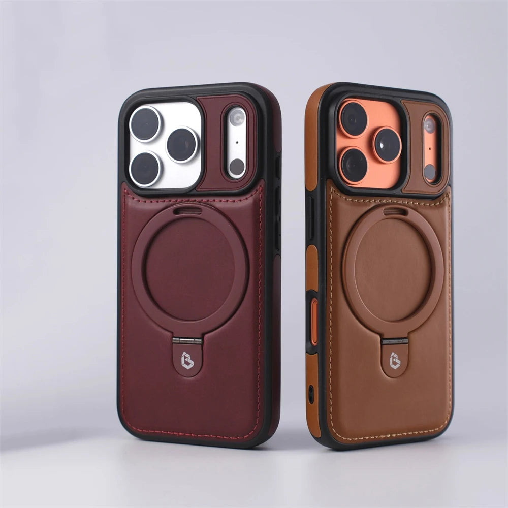 360-degree rotatable magnetic ring stand propping the PU leather iPhone case in portrait and landscape modes