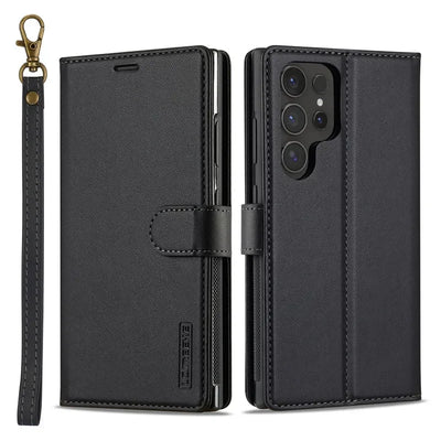 Black magnetic flip leather wallet case for Samsung Galaxy S26, front and back views