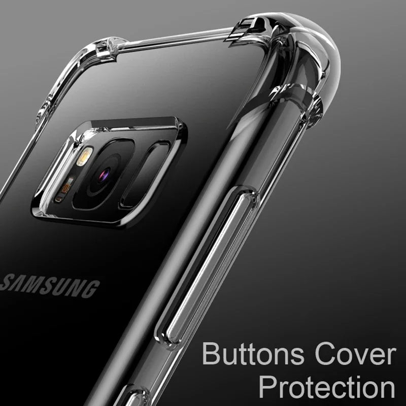Crystal-clear soft TPU bumper shell showing reinforced four-corner airbag pockets for Samsung Galaxy Note and S series