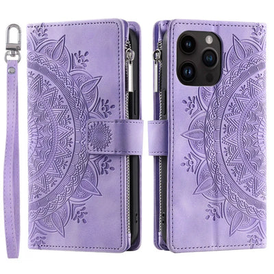 Open mandala leather wallet case showing 3 card slots, ID window and cash pocket
