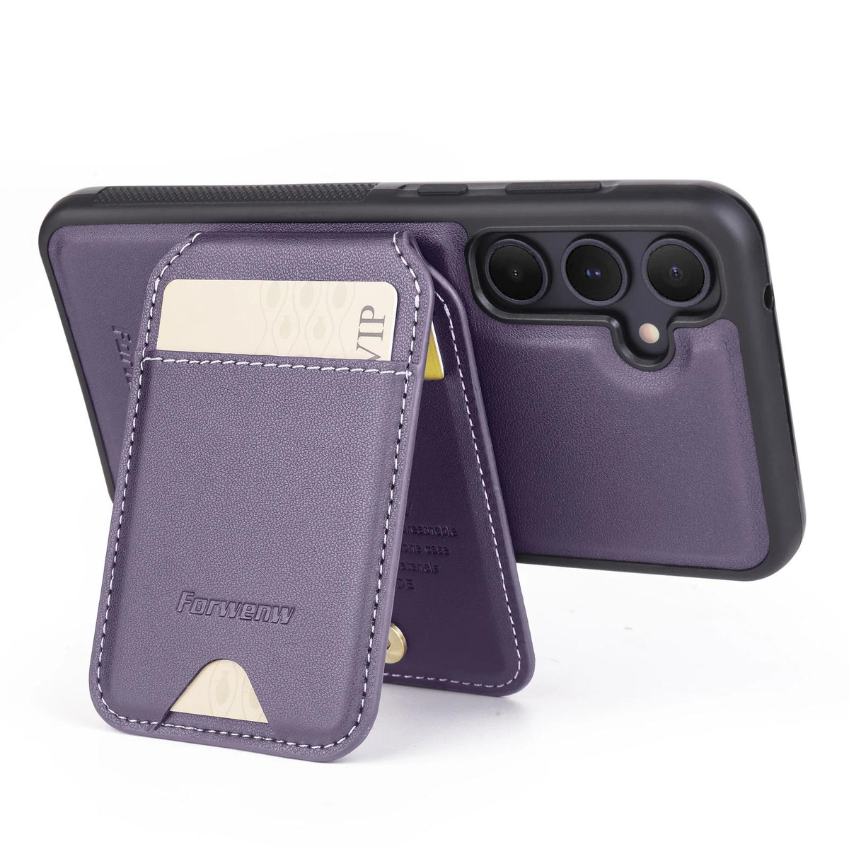 Purple 2-in-1 detachable MagSafe magnetic card holder leather case for Samsung Galaxy S26 series showing open stand