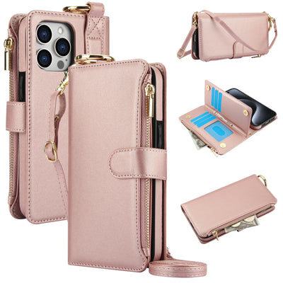Rose gold crossbody zipper leather wallet case for iPhone 18 Pro Max, open and closed views