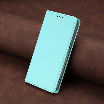 Mint green stitched PU leather magnetic flip wallet case for Samsung Galaxy S26 and S25 series, angled closed view