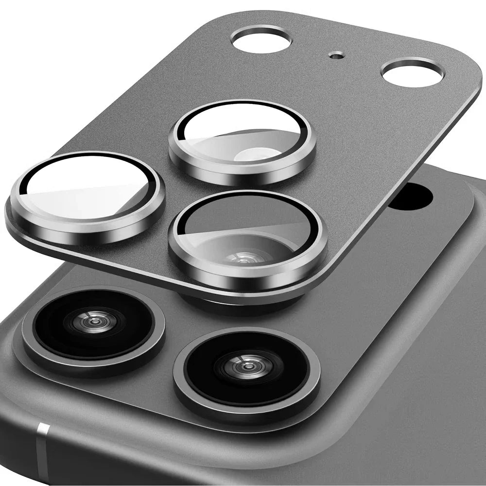 Black metal frame camera lens protector covering a black iPhone Pro camera module