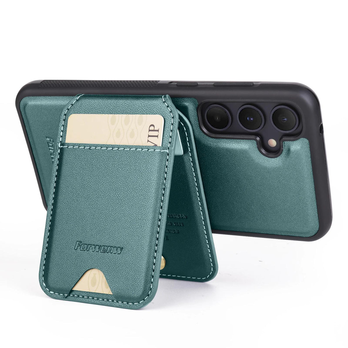 Green 2-in-1 detachable MagSafe magnetic card holder leather case for Samsung Galaxy S26 series showing open stand
