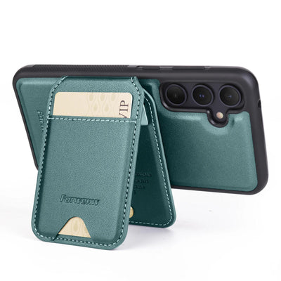Green 2-in-1 detachable MagSafe magnetic card holder leather case for Samsung Galaxy S26 series showing open stand