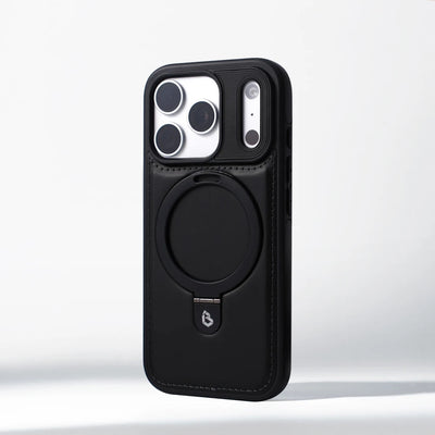 Black 360-degree magnetic ring stand PU leather shockproof case for iPhone 18, 17, Air, 16, 15, 14, 13 and 12 series