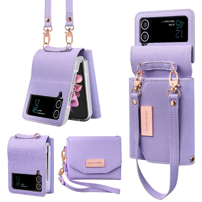 PureGuardCases Leather Wallet Case with Hand Strap for Samsung Galaxy Z Flip