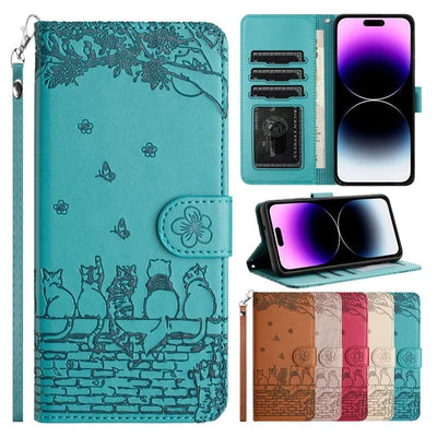 Cat Embossed Wallet Case iPhone 11-18, front & back