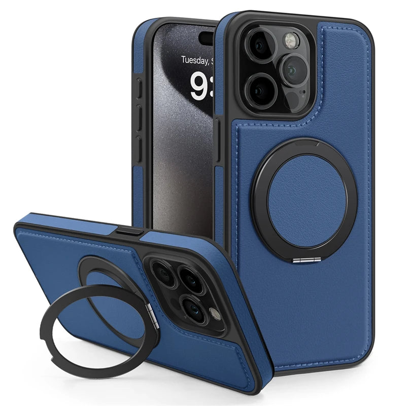 PureGuardCases 360° Rotating Ring Leather iPhone Case – MagSafe Magnetic Stand Cover