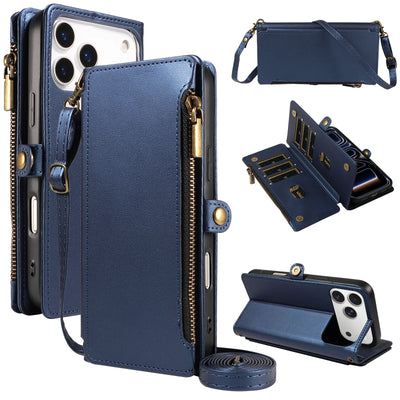 Blue crossbody lanyard and wrist strap multi-card zipper leather flip wallet case for iPhone 18 to iPhone 11
