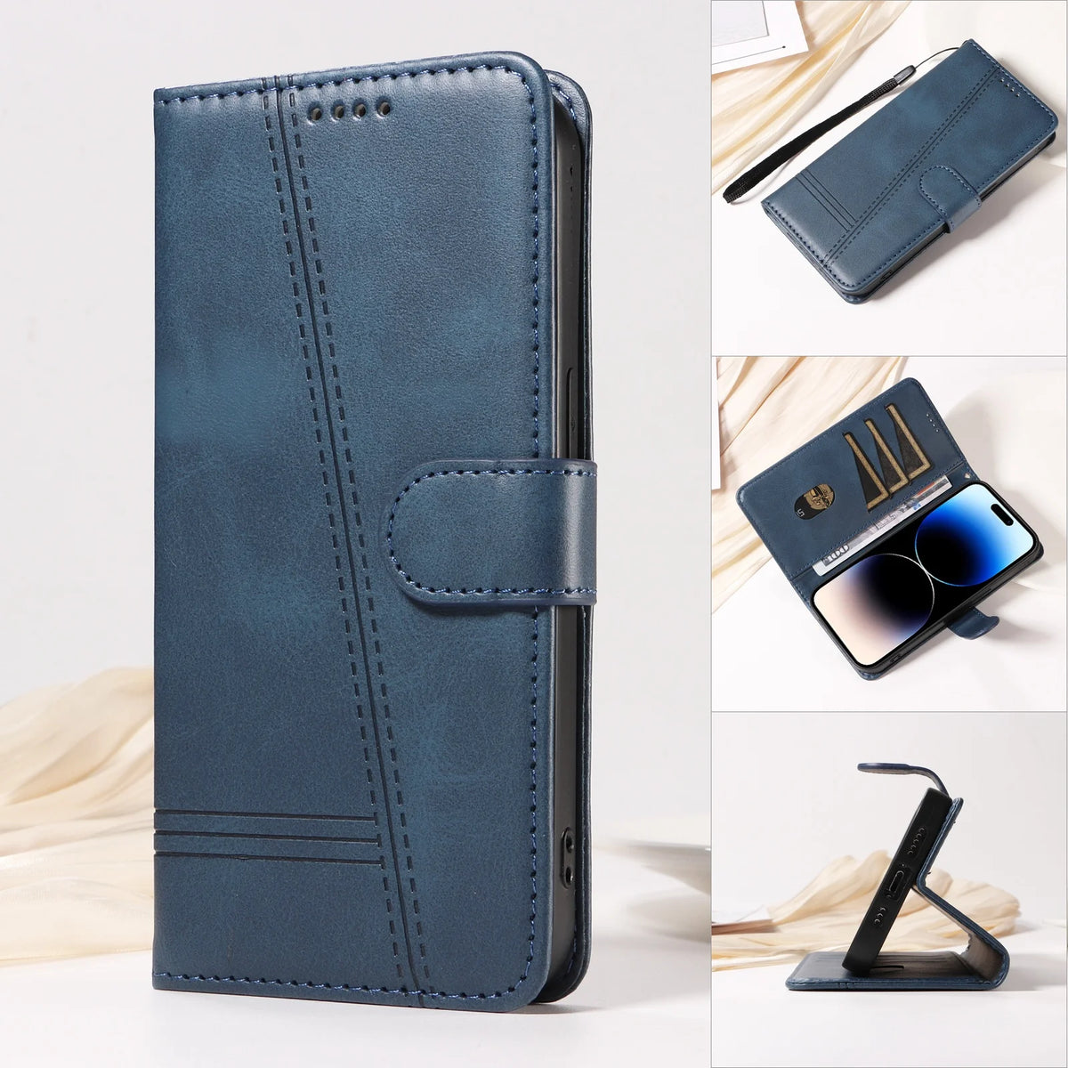 Stitched Wallet Case iPhone 12-18, Navy Blue