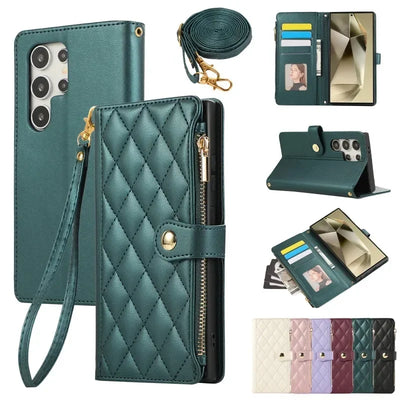 Green quilted zipper crossbody leather wallet case for Samsung Galaxy S26, open and closed views