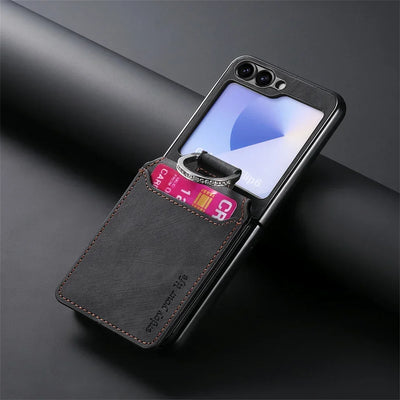 PureGuardCases Retro Leather Wallet Case with Ring Stand for Samsung Galaxy Z Flip