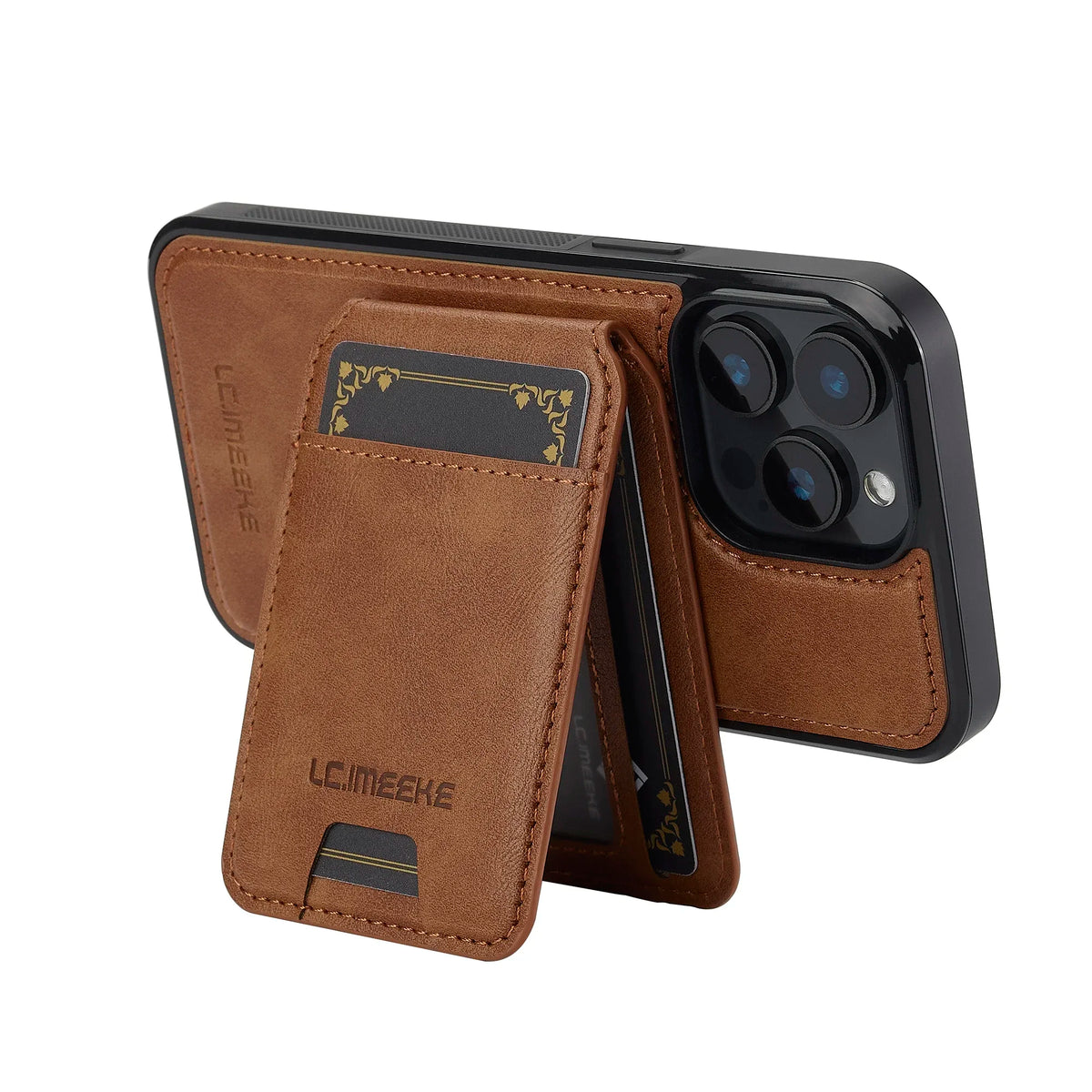 Detachable magnetic flip card wallet propped open as a landscape kickstand with clear ID window and card slots