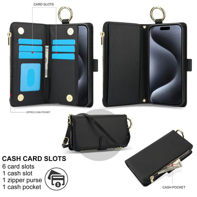 Open multi-card organizer compartment showing card slots and cash storage