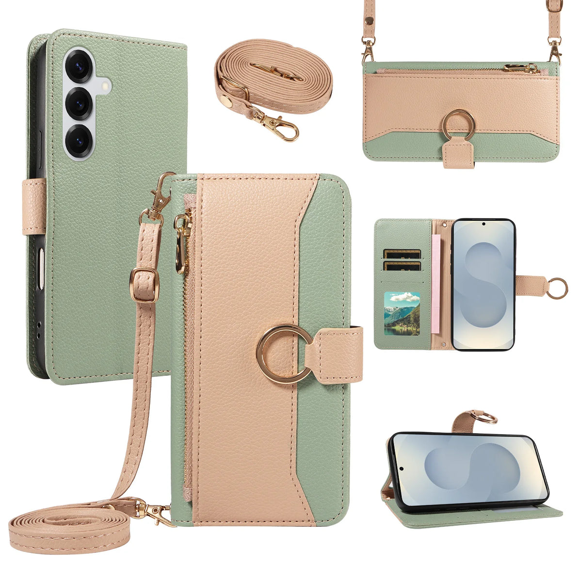 Patchwork Zipper Case Galaxy S9-S26, Dark Green