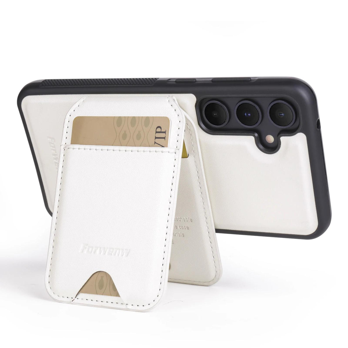 White 2-in-1 detachable MagSafe magnetic card holder leather case for Samsung Galaxy S26 series showing open stand