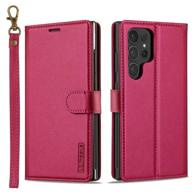 Red magnetic flip leather wallet case for Samsung Galaxy S26, front, back and wrist strap views
