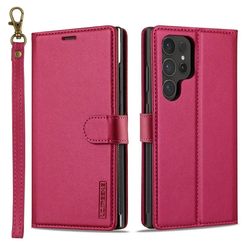 Red magnetic flip leather wallet case for Samsung Galaxy S26, front, back and wrist strap views