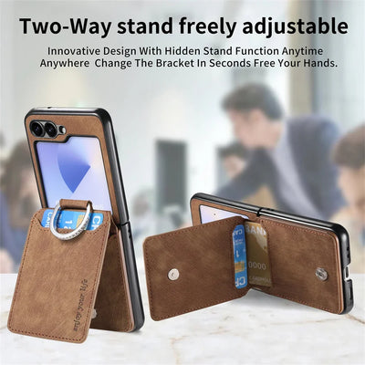 PureGuardCases Retro Leather Wallet Case with Ring Stand for Samsung Galaxy Z Flip