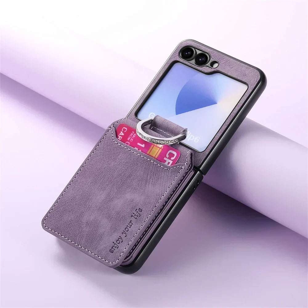 PureGuardCases Retro Leather Wallet Case with Ring Stand for Samsung Galaxy Z Flip