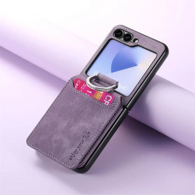 PureGuardCases Retro Leather Wallet Case with Ring Stand for Samsung Galaxy Z Flip