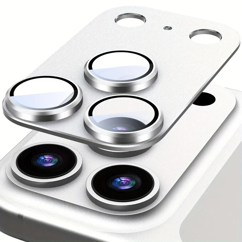 Silver metal frame camera lens protector covering a silver iPhone Pro camera module