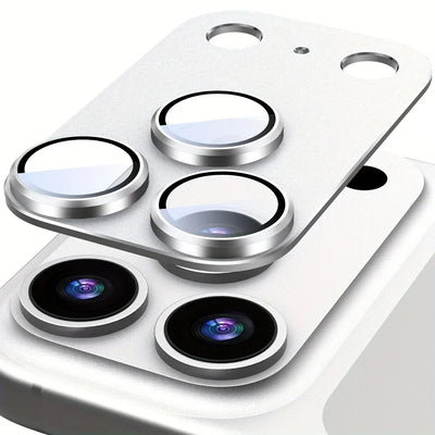 Silver metal frame camera lens protector covering a silver iPhone Pro camera module