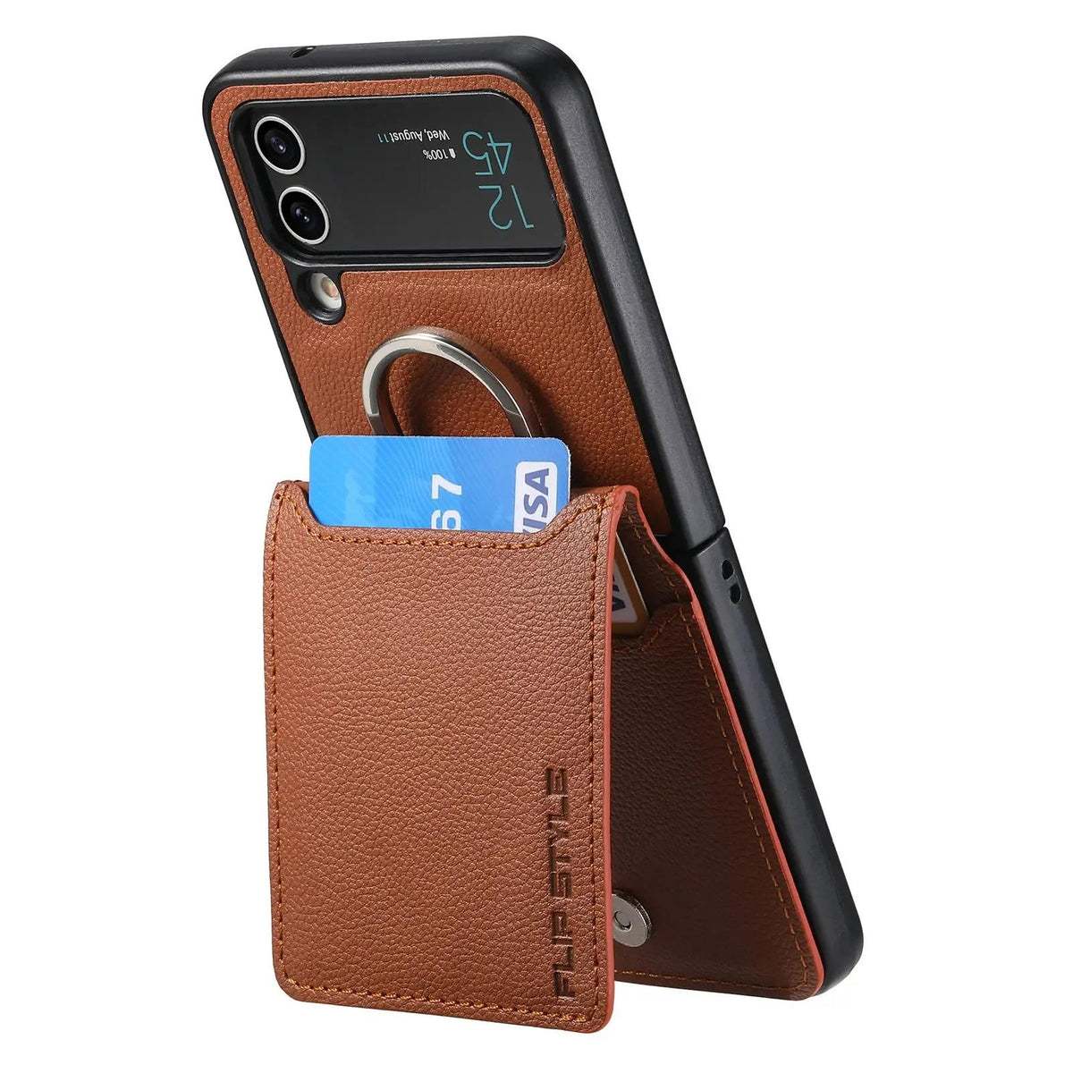 Brown magnetic ring holder leather card slot wallet case for Samsung Galaxy Z Flip 7, 7 FE, 6, 5, 4 and 3