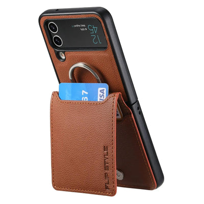 Brown magnetic ring holder leather card slot wallet case for Samsung Galaxy Z Flip 7, 7 FE, 6, 5, 4 and 3