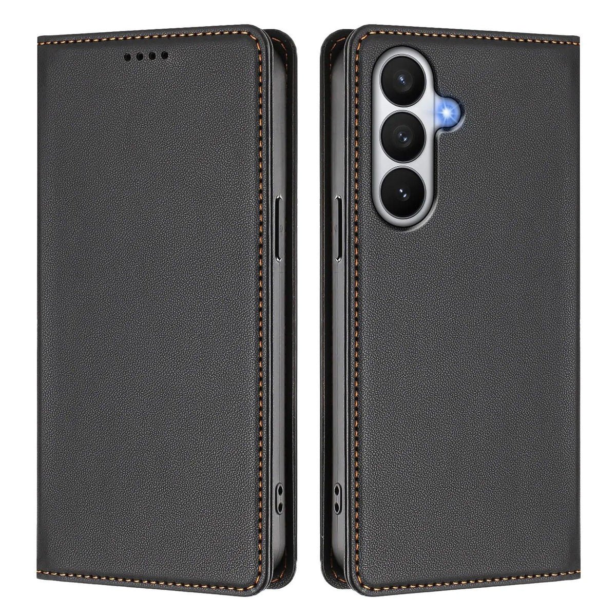 Black stitched PU leather magnetic flip wallet case for Samsung Galaxy S26 and S25 series, single front view