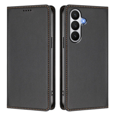 Black stitched PU leather magnetic flip wallet case for Samsung Galaxy S26 and S25 series, single front view