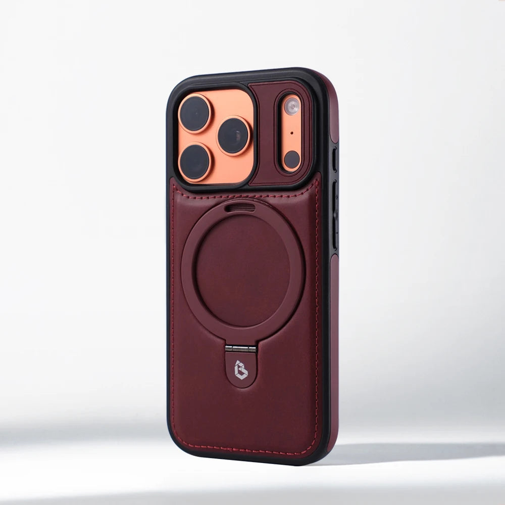 Red 360-degree magnetic ring stand PU leather shockproof case for iPhone 18, 17, Air, 16, 15, 14, 13 and 12 series
