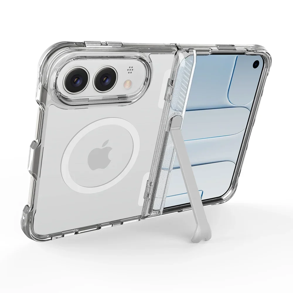 Clear MagSafe hidden kickstand case for iPhone Duo, standing in landscape view