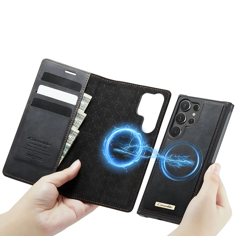 PureGuardCases Detachable Magnetic Wallet Leather Flip Case for Samsung Galaxy S20-S26 - MagSafe Book Cover