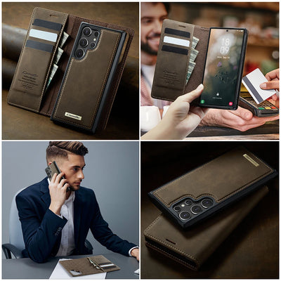 PureGuardCases Detachable Magnetic Wallet Leather Flip Case for Samsung Galaxy S20-S26 - MagSafe Book Cover