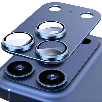 Blue metal frame camera lens protector covering a blue iPhone Pro camera module