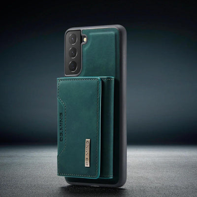 Green 2-in-1 detachable magnetic leather flip wallet case for Samsung Galaxy S25, Note 20 Ultra and A series, open and closed views